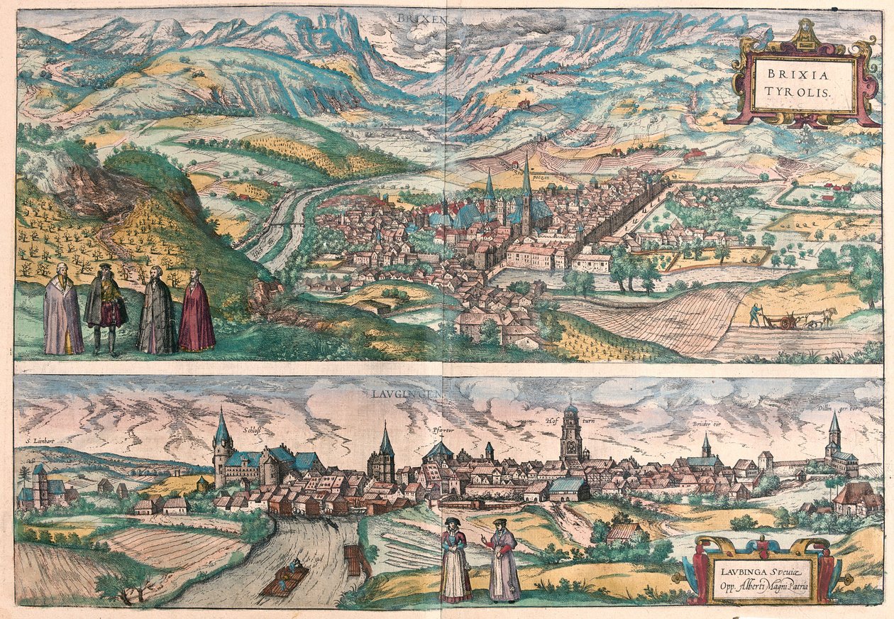 Brixen (Bressanone), Italien und Lauingen, Donau, Deutschland (Stich) von Franz Hogenberg