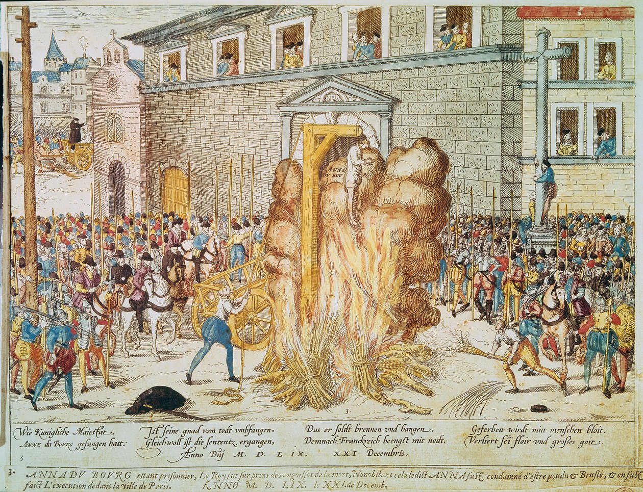 Religiöser Krieg: Hinrichtung des französischen protestantischen Richters Anne du Bourg (1521-1559) am 23.12.1559 auf dem Place de Greve in Paris von Franz Hogenberg