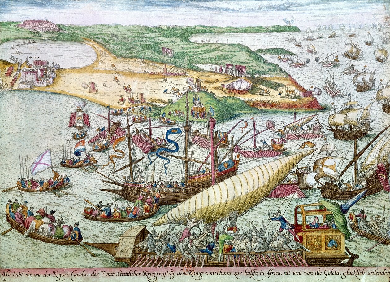 Die Belagerung von Tunis oder La Goulette durch Karl V. im Jahr 1535 von Franz Hogenberg