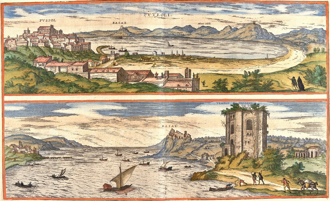 Ansichten von Pozzuoli (Puteoli) und Baiae (heutiges Baia), Italien, mit den antiken Überresten der Thermen des Golfs von Neapel und einer Festung von Franz Hogenberg