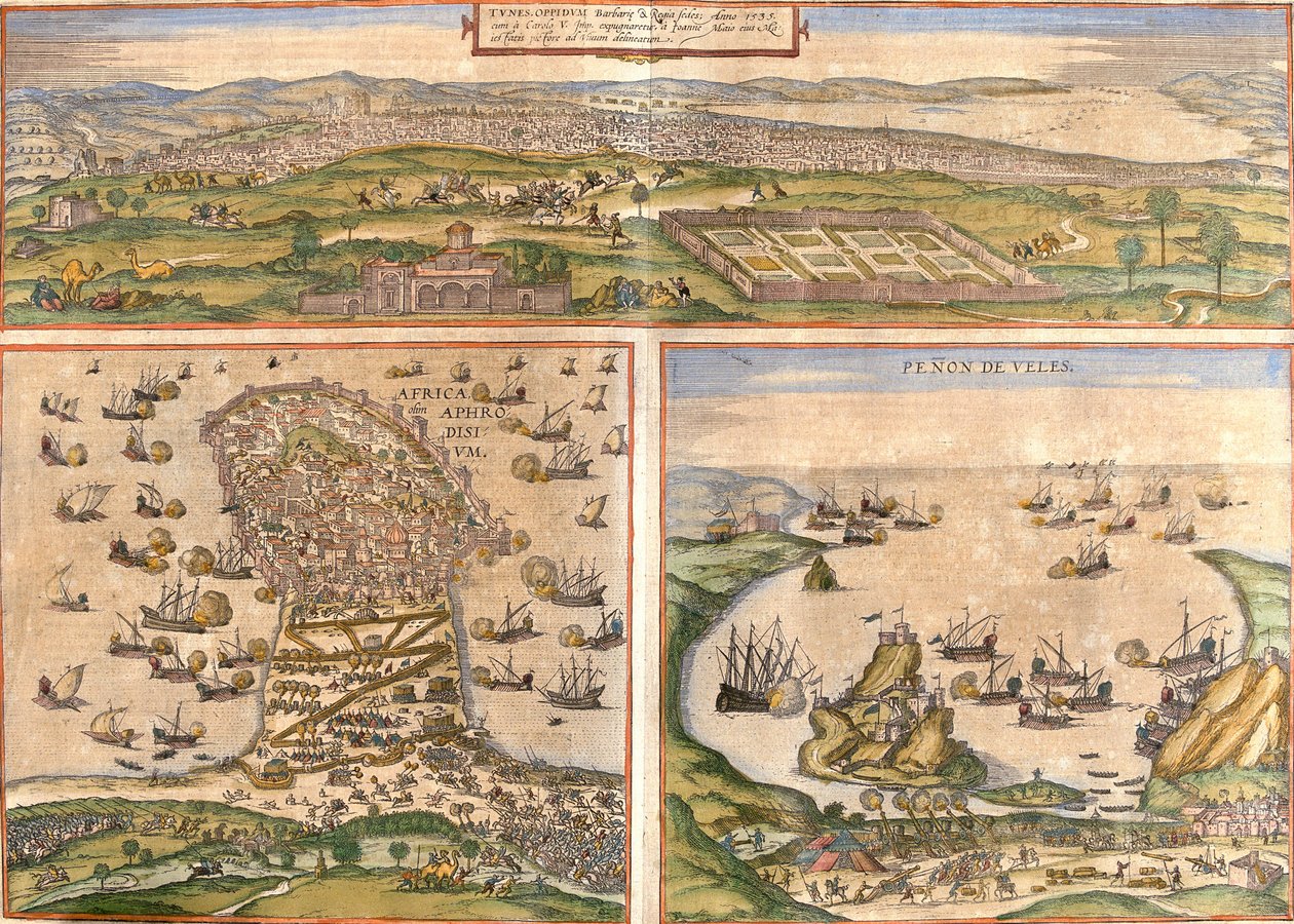 Ansichten von Tunis und Mahdia in Tunesien und Penon de Velez de la Gomera oder Badis, umstritten zwischen Spanien und Marokko von Franz Hogenberg