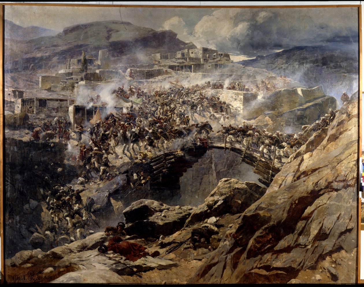 Die Belagerung von Akhoulgo: 1839, Imam Schamil und seine muslimischen Anhänger aus dem Kaukasus werden in ihrer Bergfestung belagert und von der russischen Armee massakriert von Franz Roubaud