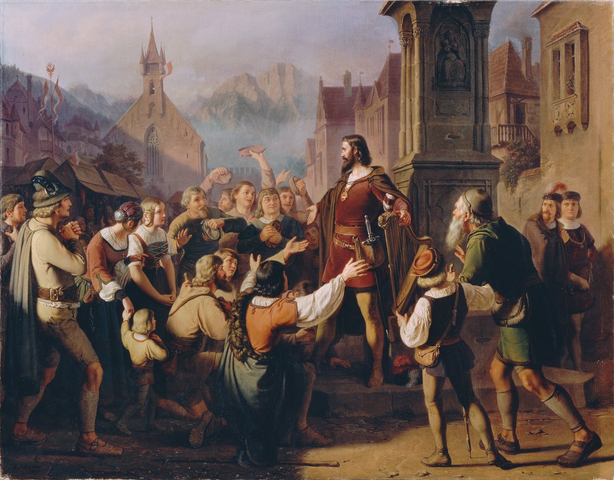 Der als Minnesänger verkleidete Herzog Friedrich IV. gibt sich auf der Flucht aus Konstanz seinen treuen Tirolern zu erkennen von Franz Schams