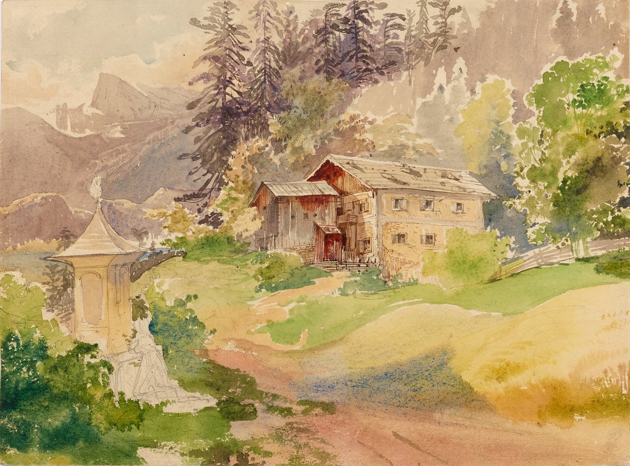 Alpenlandschaft mit Bauernhaus und Frau vor Marterl von Franz Steinfeld