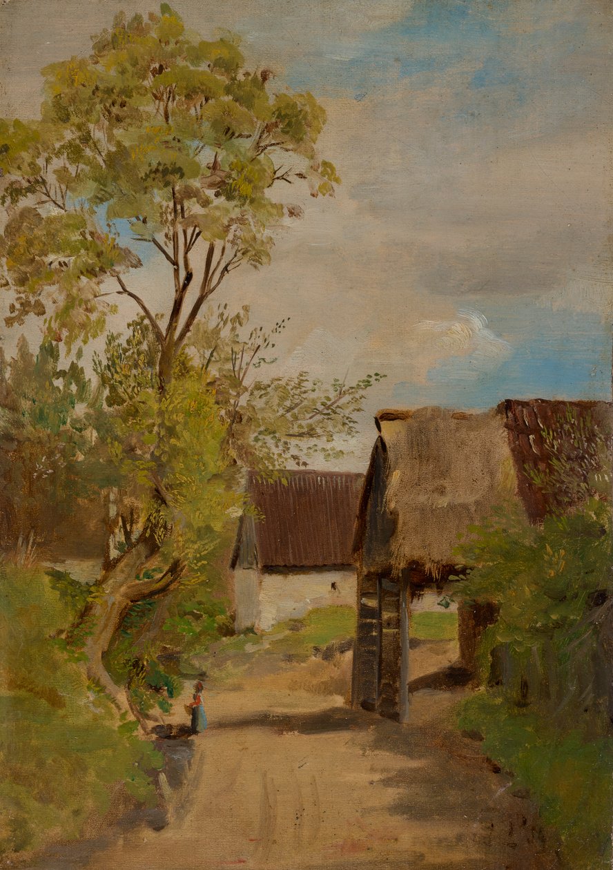 Dorfstraße in Aresing (?) mit weiblicher Gestalt von Franz von Lenbach