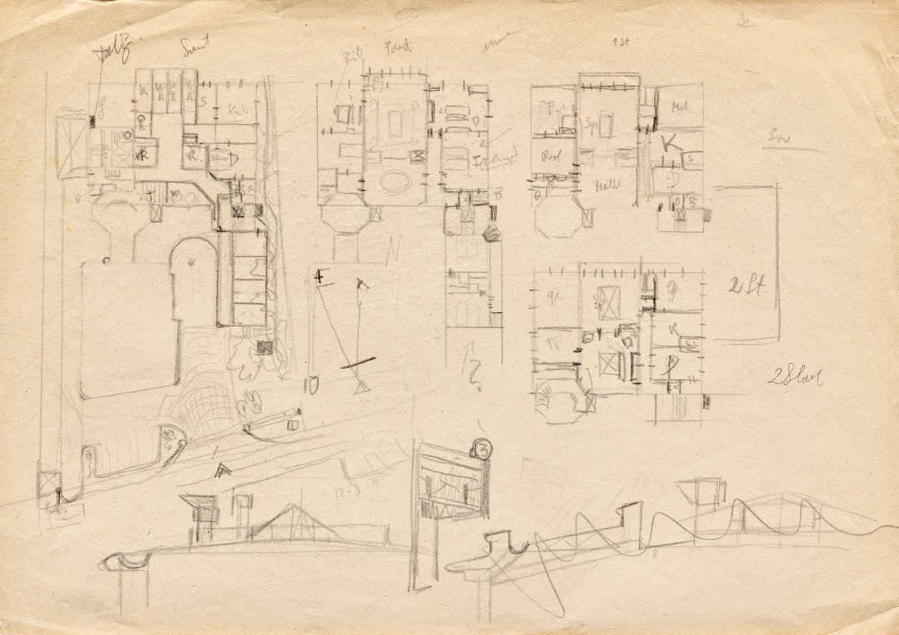 Entwurfsskizzen zu Matschs Ateliervilla - Grundrisse und Dachkonstruktion von Franz von Matsch