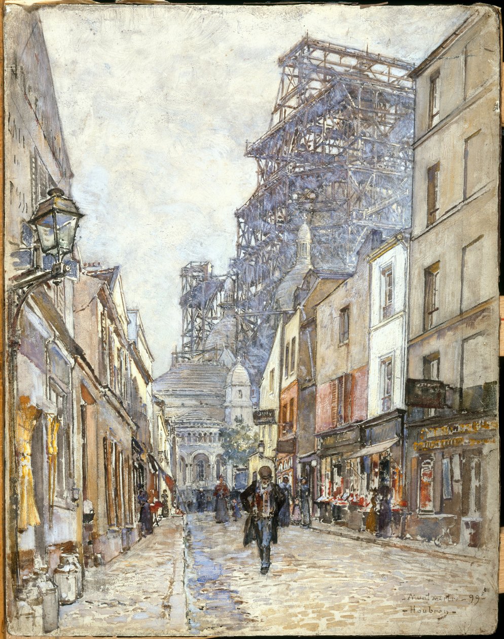 Die Rue du Chevalier-de-la-Barre, mit dem im Bau befindlichen Sacré-Cœur von Frederic Anatole Houbron