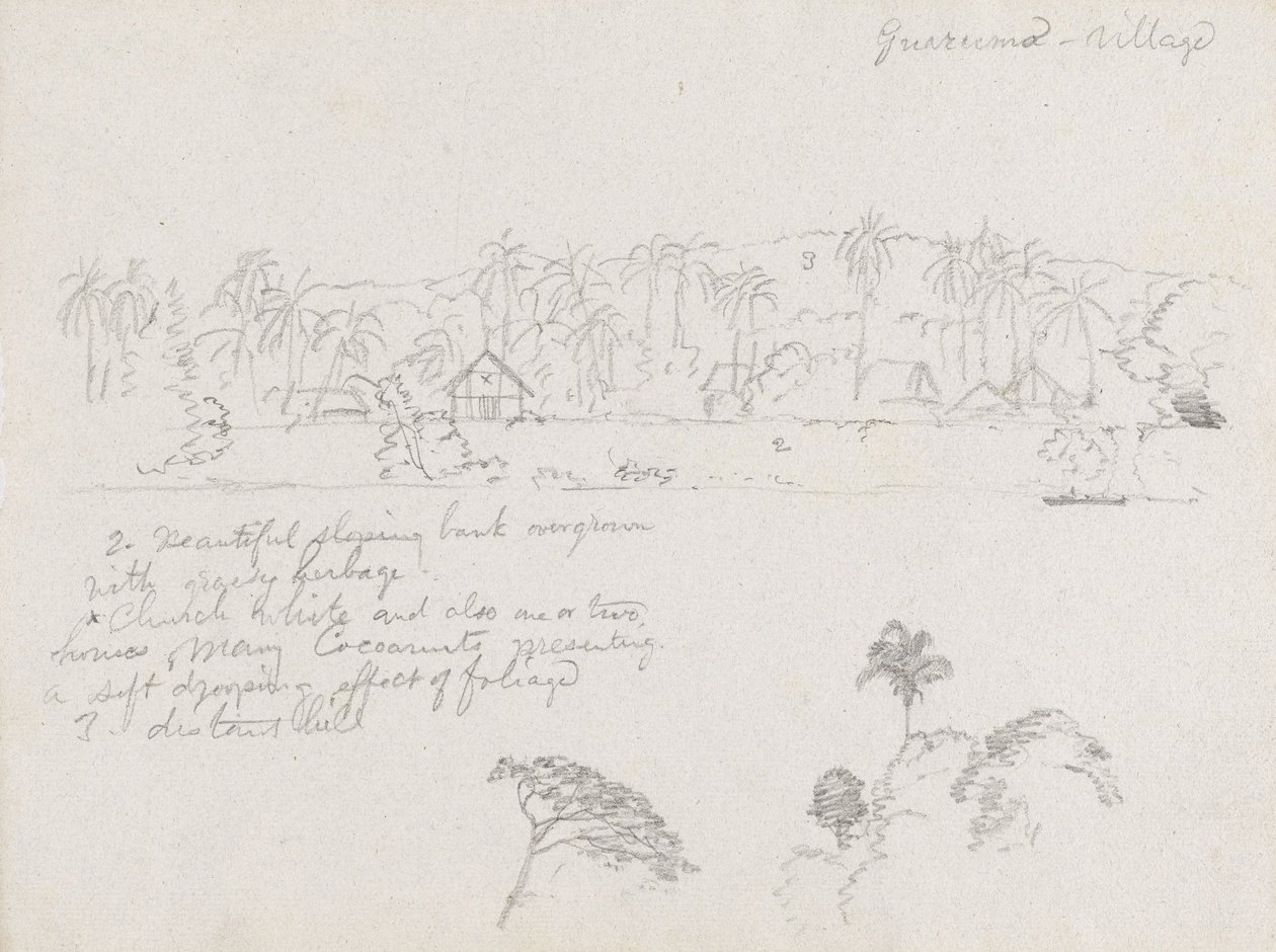 Zeichnung. Skizzen. Das Dorf Guarumo, wahrscheinlich in Kolumbien. von Frederic Edwin Church