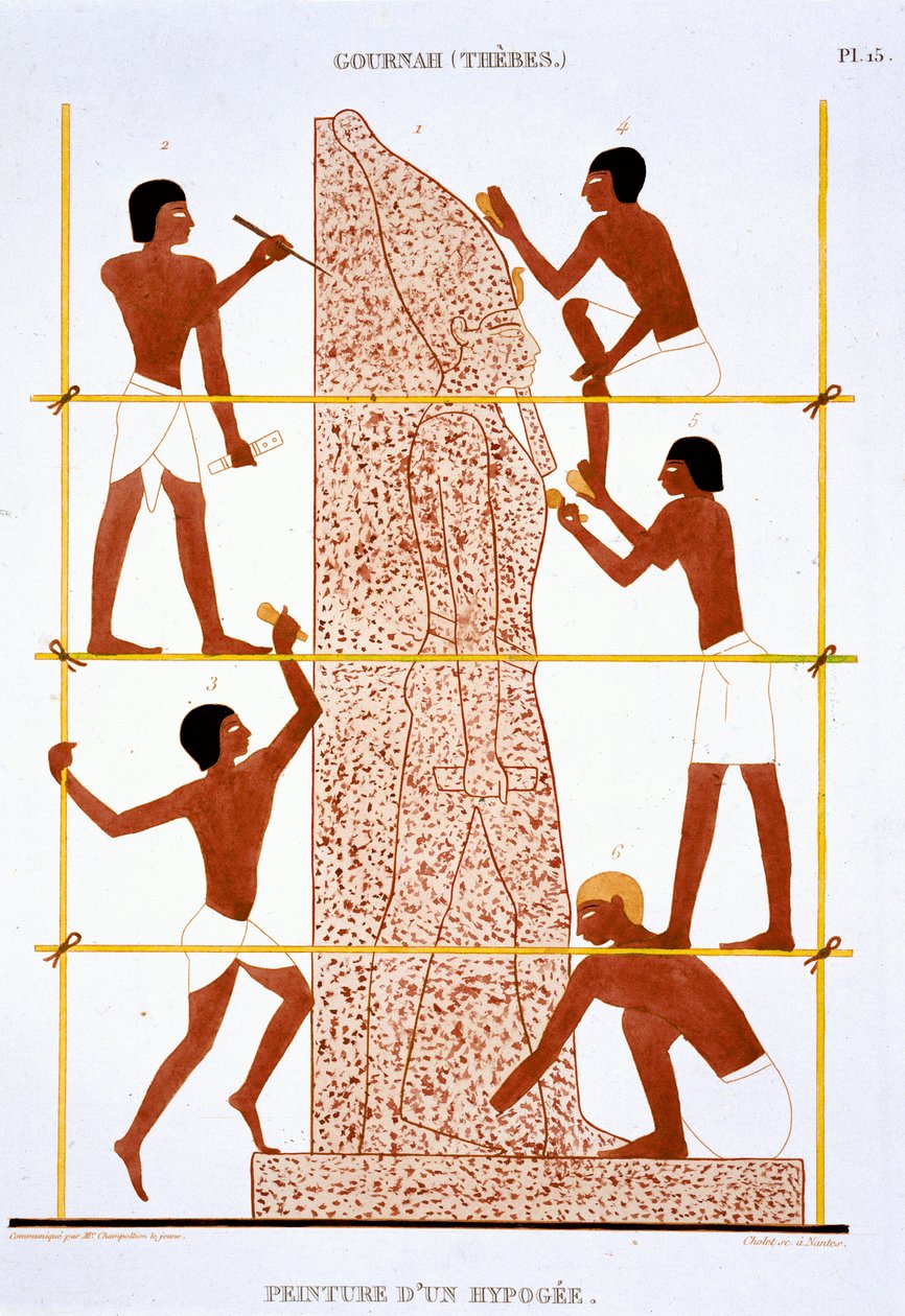 Steinmetze fertigen kolossale Statue des Pharaos, aus einem seltenen Bericht über Fresken aus Theben, aufgezeichnet 1819-1822 bei seinem zweiten Besuch in Ägypten von Frederic (after) Cailliaud