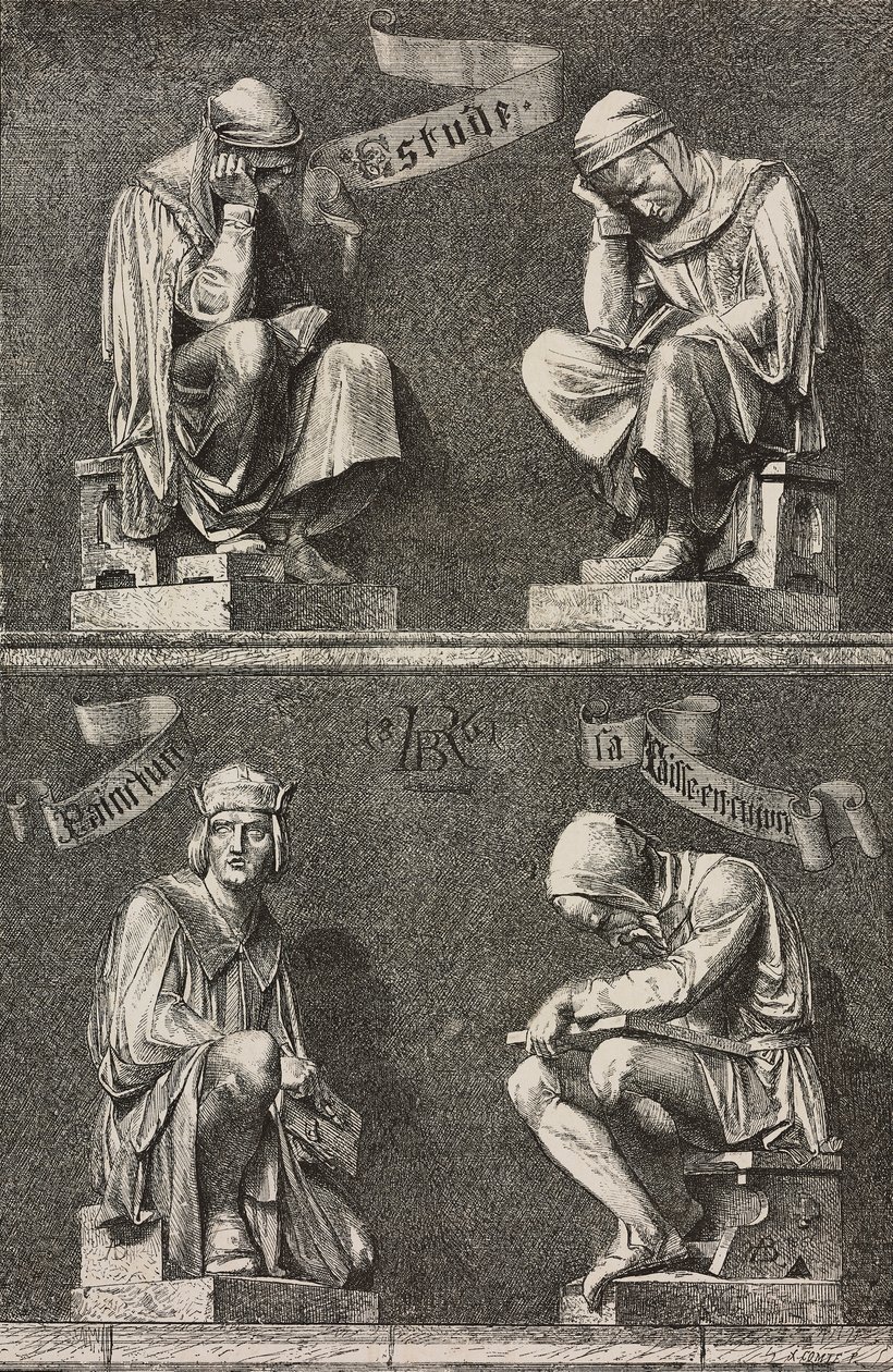 Allegorie des Studiums, dekorative Figuren an der Basis der Statue von Martin Schongauer von Frederic Auguste Bartholdi