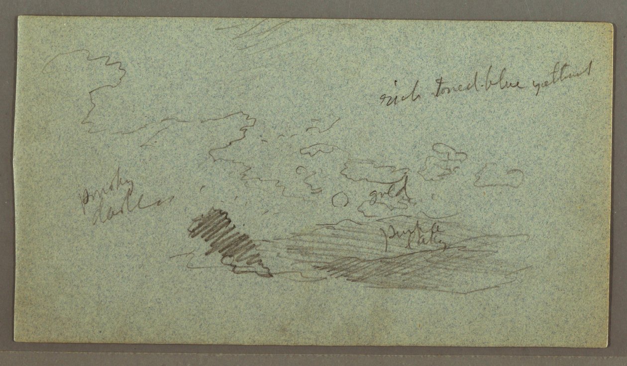 Zeichnung, Wolken über Hügelkette, tiefe Sonne, möglicherweise 1874 von Frederic Edwin Church