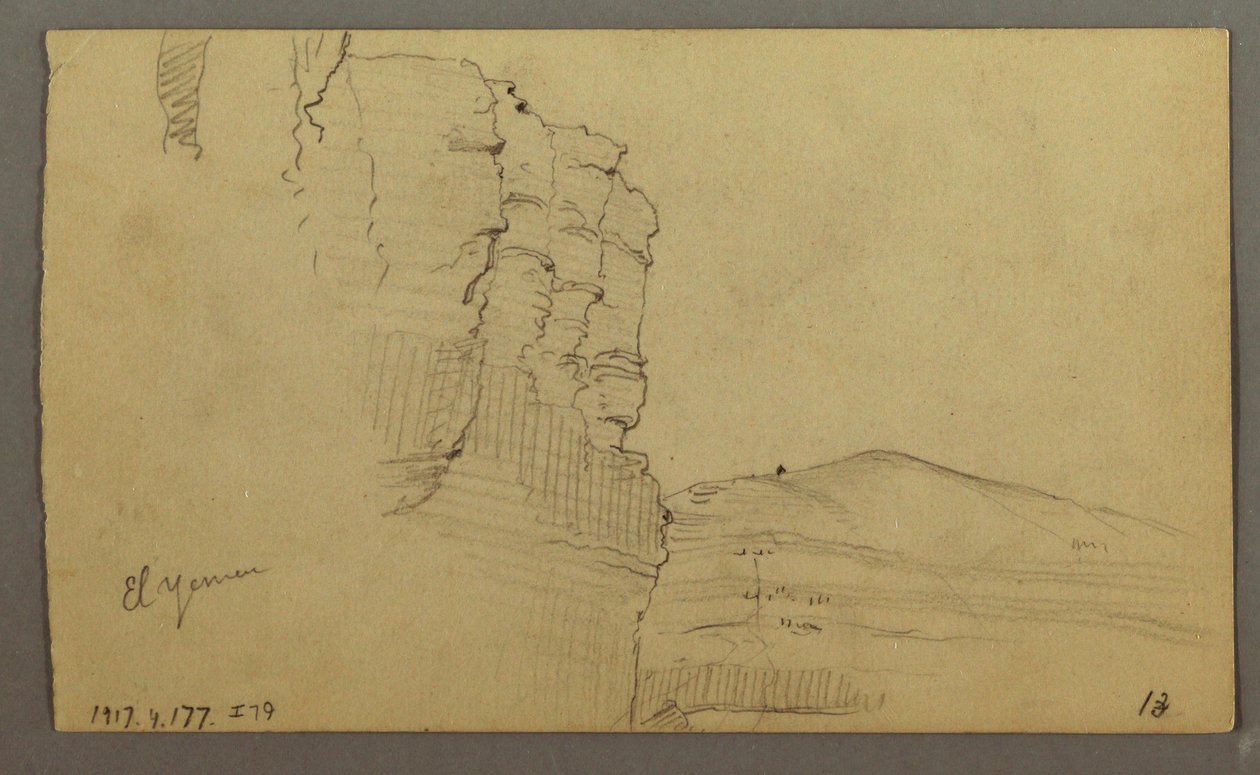 El Yemen Tal, Arabien: Felswand mit dem oberen Teil, der einer Säulenreihe ähnelt, 20. Februar 1868 von Frederic Edwin Church
