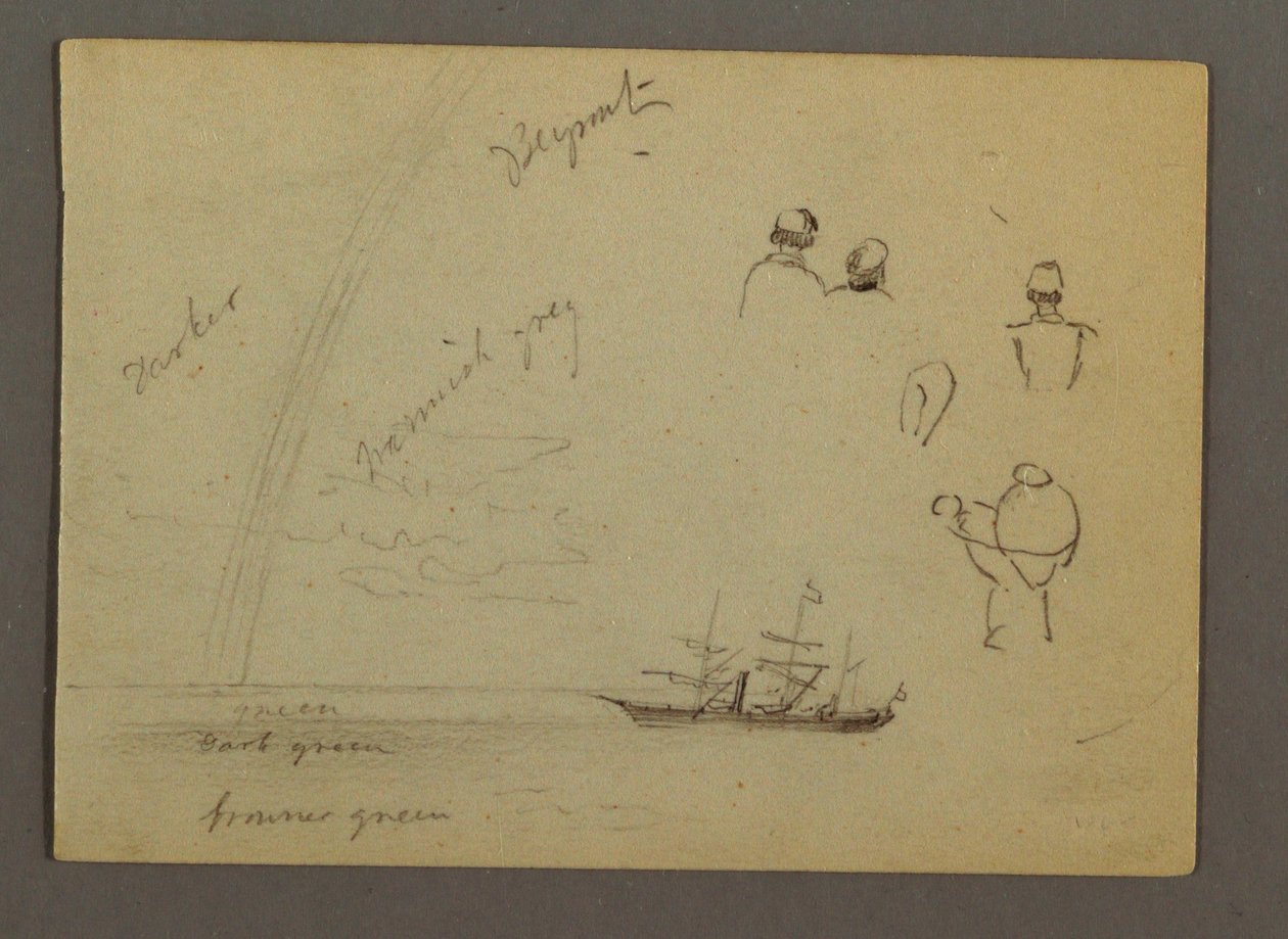 Zeichnung, Figurenstudien, Segelschiff, Regenbogen, möglicherweise 1868 von Frederic Edwin Church