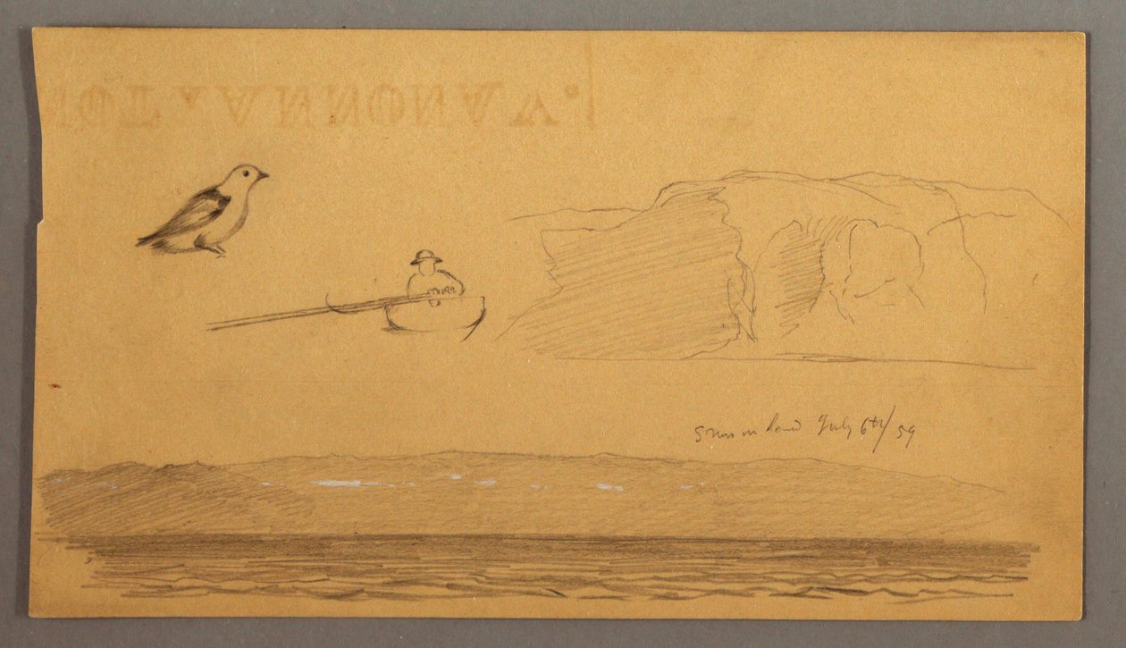 Zeichnung, Mann im Boot, Vogel, Klippen, Küste, 6. Juli 1859 von Frederic Edwin Church