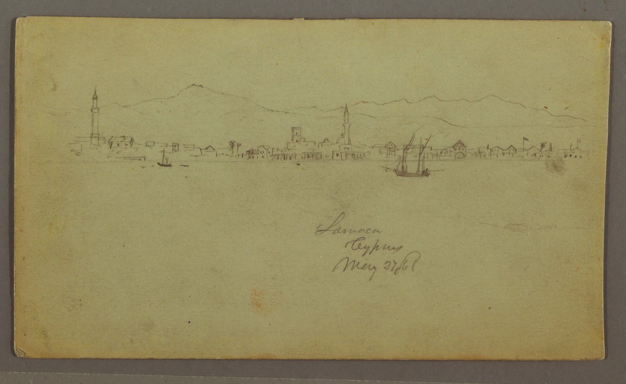 Zeichnung, Stadt an der Küste, Gebirgskette dahinter, 27. Mai 1868 von Frederic Edwin Church