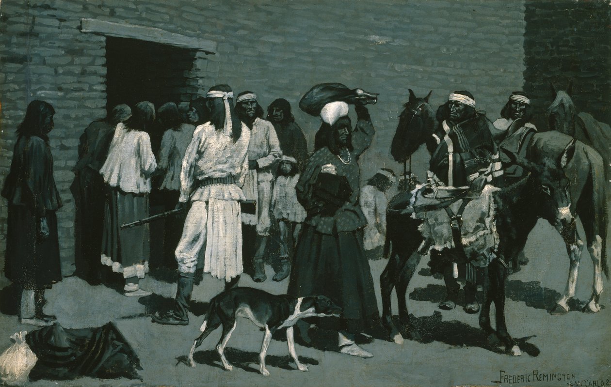 Pueblo-Indianerdorf (Verteilung von Rindfleisch an der San Carlos-Agentur) ca. 1889 von Frederic Remington