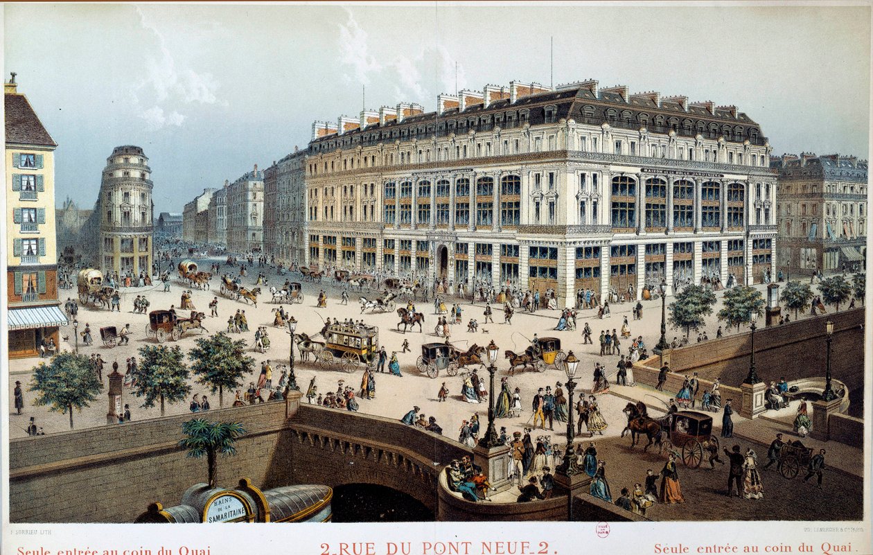 Außenansicht von La Belle Jardiniere, rue du pont neuf in Paris im 19. Jahrhundert. Gravur von Frederic Sorrieu (1807 -? ) von Frederic Sorrieu