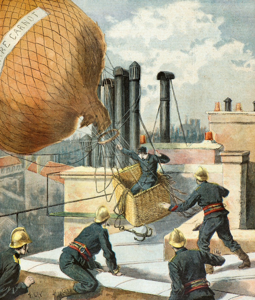 Feuerwehrleute retten einen Mann in einem Ballon von Frederic Theodore Lix