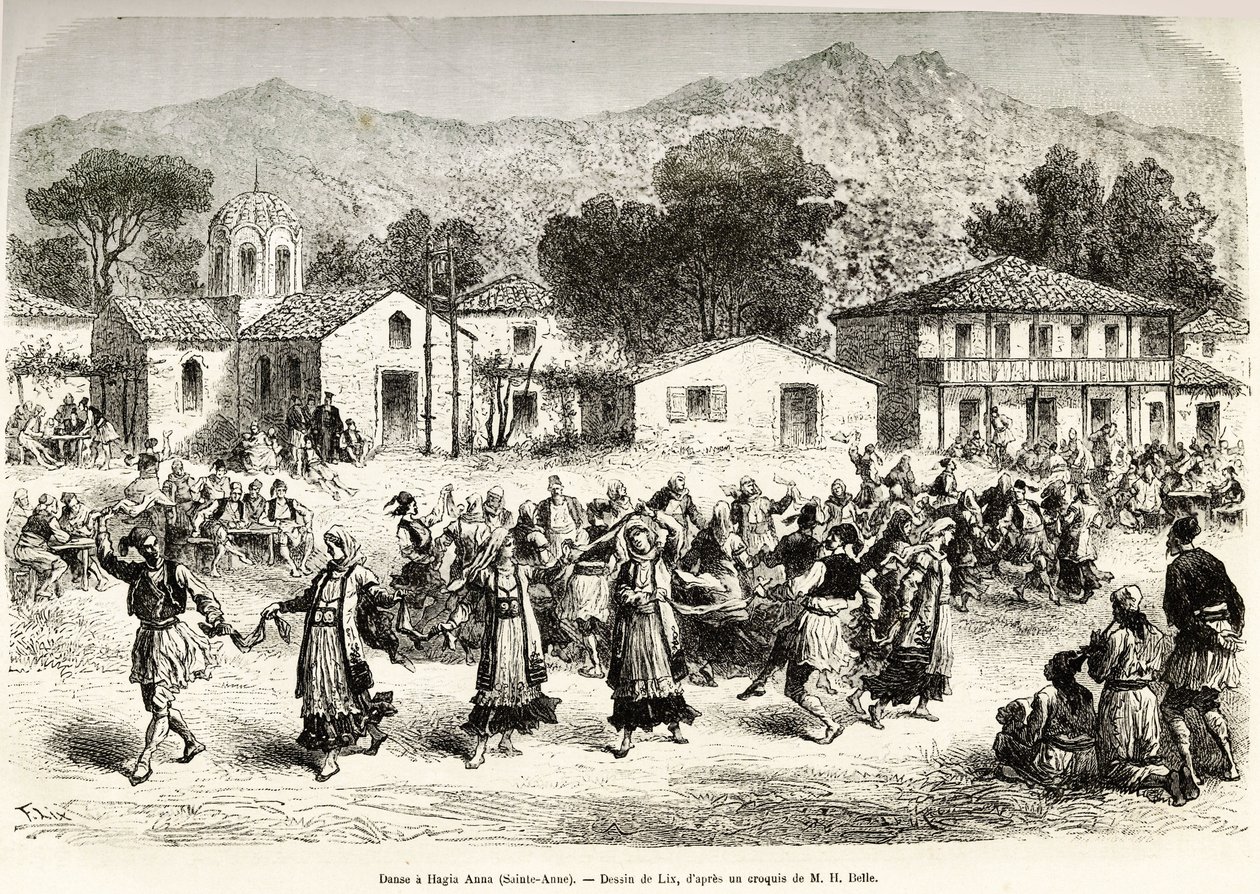Volkstanz auf dem Dorfplatz Haggia Anna (St. Anne). Gravur nach der Zeichnung von Lix, um die Reise nach Griechenland zu illustrieren, von Henri Belle, in 1861-1868-1874, veröffentlicht in „Le tour du monde“ 1876, herausgegeben von Edouard Charton, Hachett von Frederic Theodore Lix