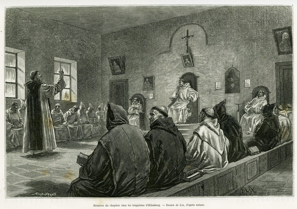 Versammlung des Kapitels unter den Trappisten von Oelenberg. Gravur von Lix zur Illustration der Geschichte „Durch Elsass und Lothringen“ von Charles Grad, veröffentlicht in Le Tour du monde 1887 von Frederic Theodore Lix