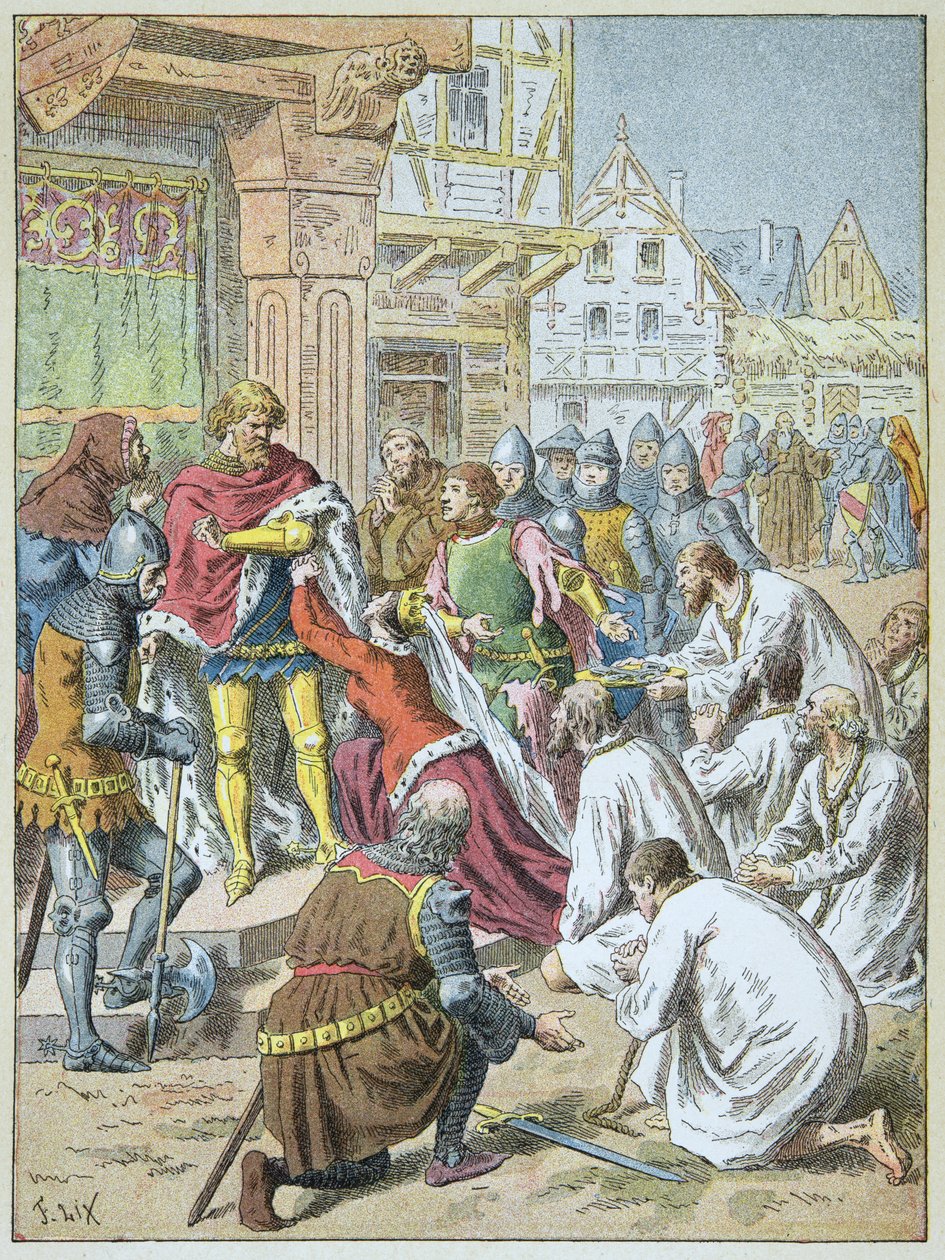 Belagerung von Calais durch Edward III. 1346 - 1347. Königin Philippa von Hennegau bat ihren Bräutigam, den Bürgern von Calais Gnade zu gewähren. von Frederic Theodore Lix