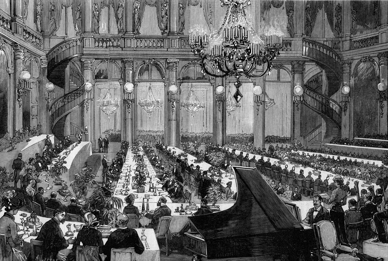 Dinnerkonzert im Festsaal des Grand Hotel de Paris. Gravur von De Haenen in 