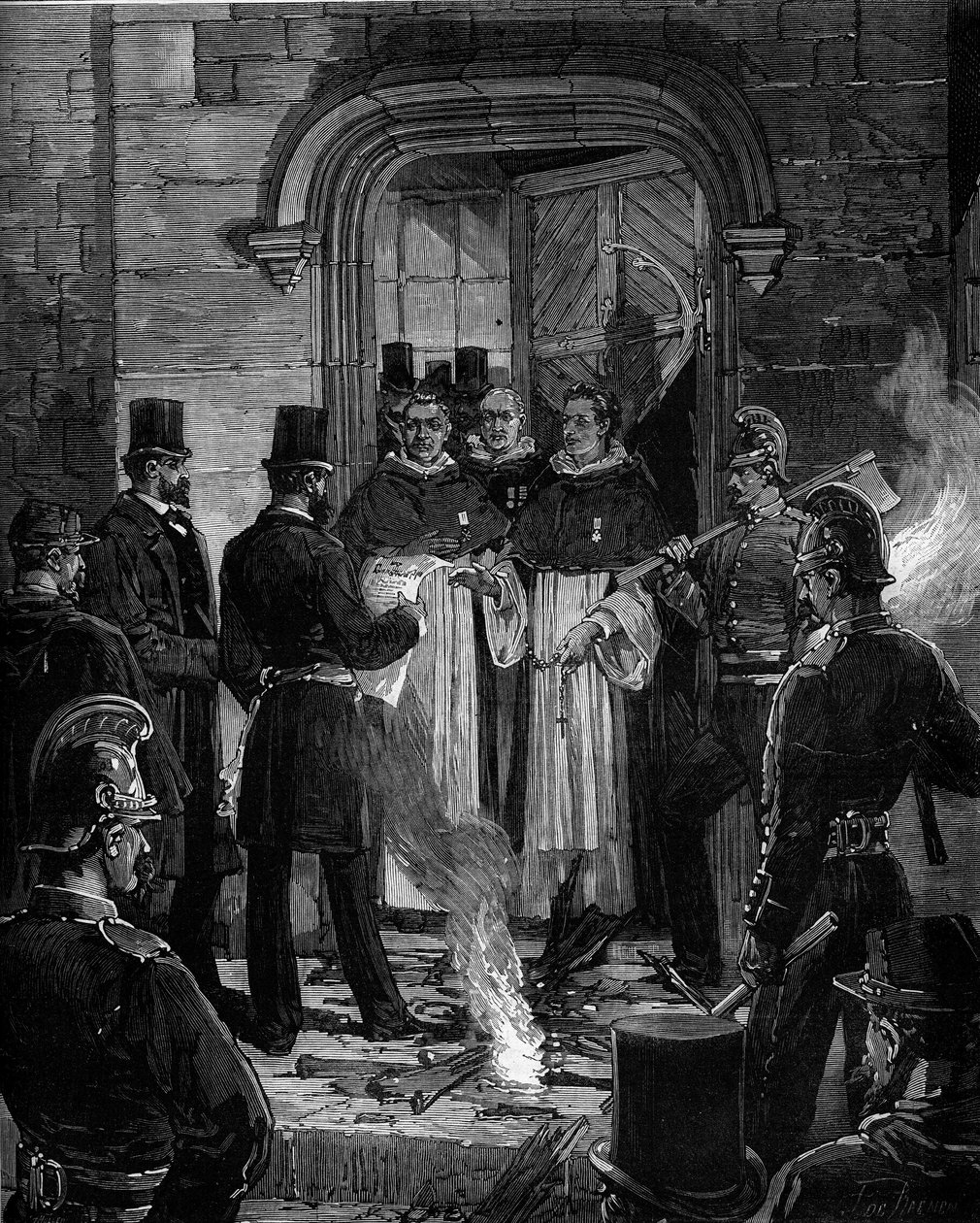 Vertreibung der Dominikaner aus der Rue de Jean de Beauvais in Paris nach den Dekreten vom März 1880, die von Jules Ferry erlassen wurden und den Mitgliedern nicht autorisierter religiöser Kongregationen das Recht zu lehren entziehen: Verlesung des Dekrets von Frederic de Haenen