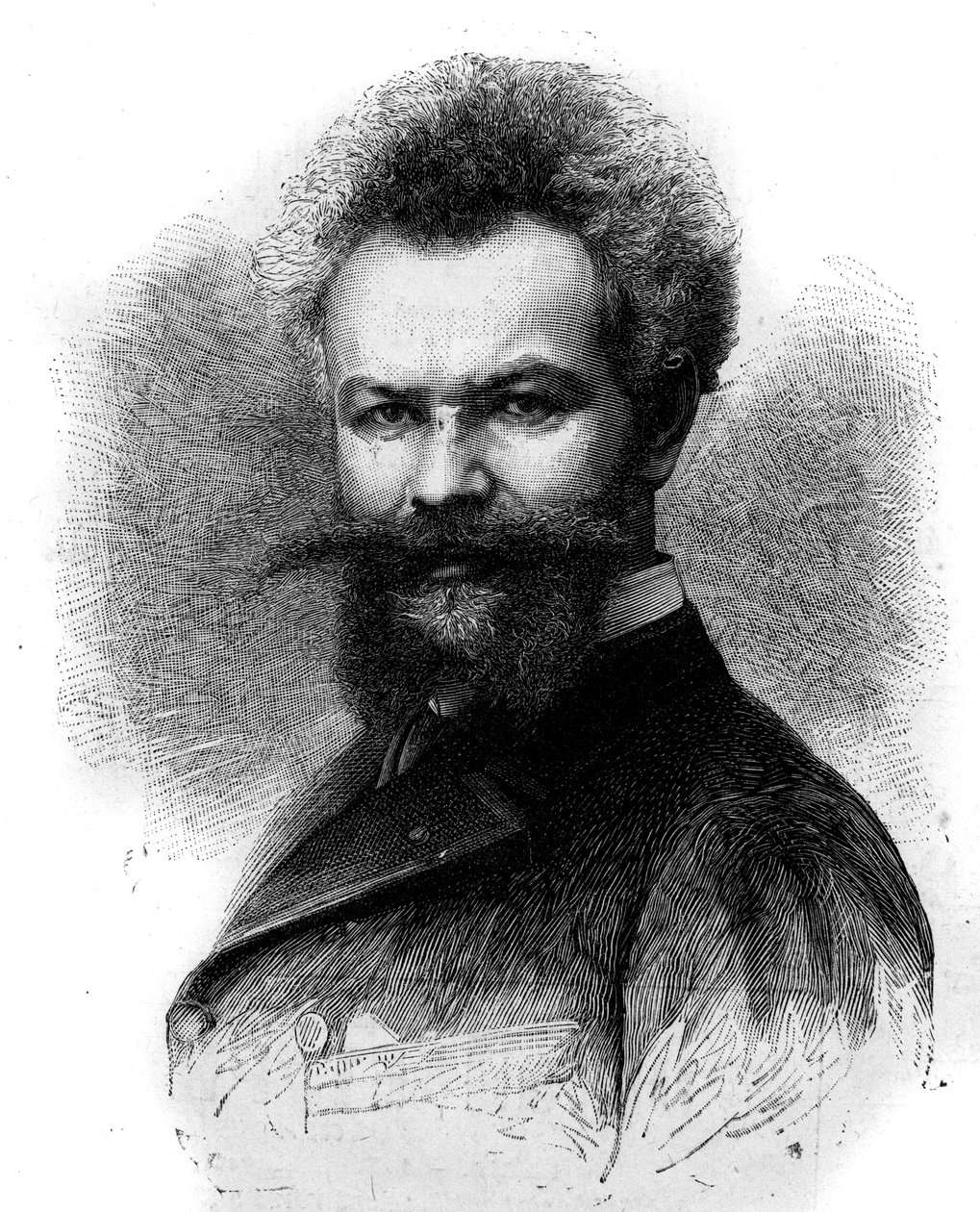 Porträt von Mihály Munkácsy (1844-1900), ungarischer Maler. Gravur in „Le Monde Illustré“ Nr. 1306 vom 8. April 1882. von Frederic de Haenen