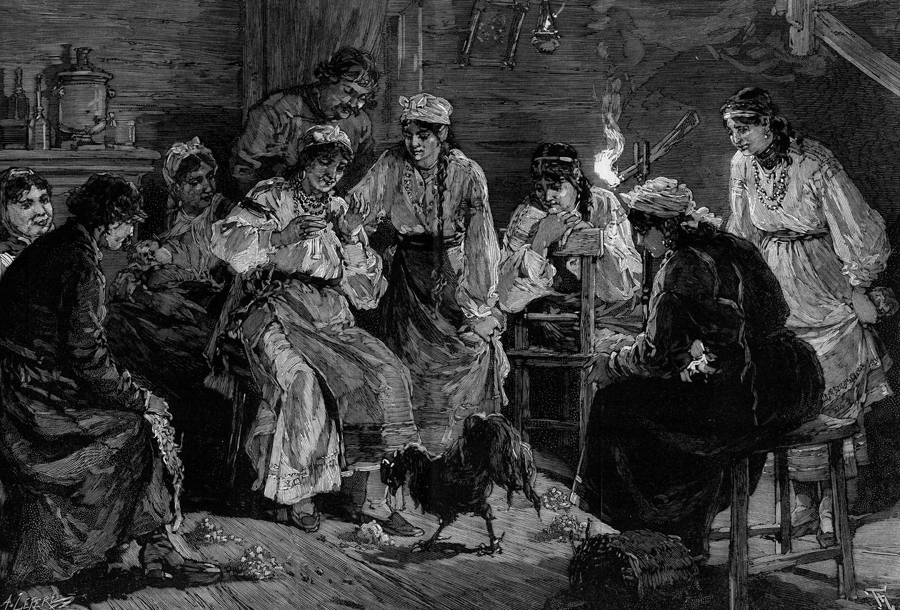 Russischer Brauch: das Horoskop des Hahns. An Silvester legen die heiratswilligen Mädchen Futter zu ihren Füßen. Diejenige, deren Hahn zuerst den Köder pickt, wird im Jahr heiraten. Gravur von De Haenen in „Die illustrierte Welt“ Nr. 1241 vom 8. Januar 188 von Frederic de Haenen