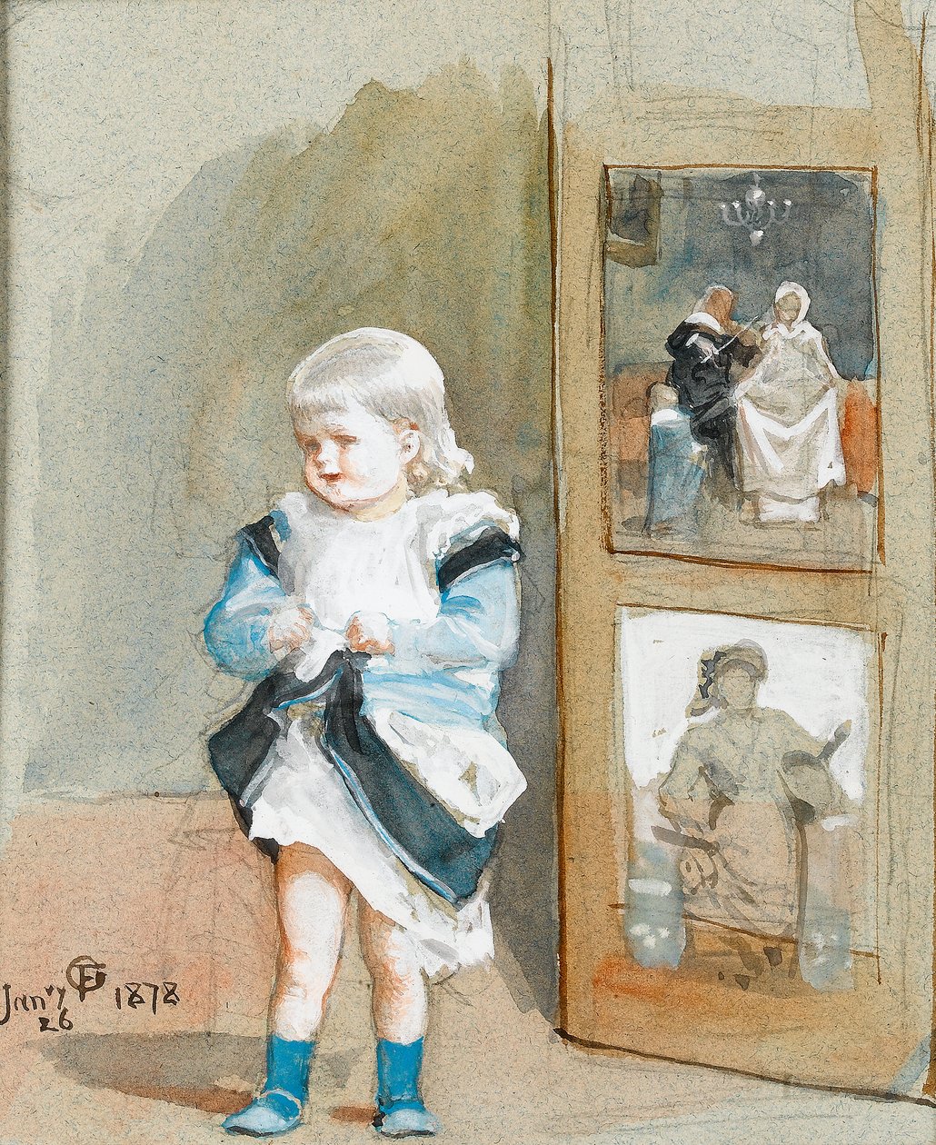Frederica, die Tochter des Künstlers, steht neben einem bemalten Bildschirm, 1878 von Frederick Goodall