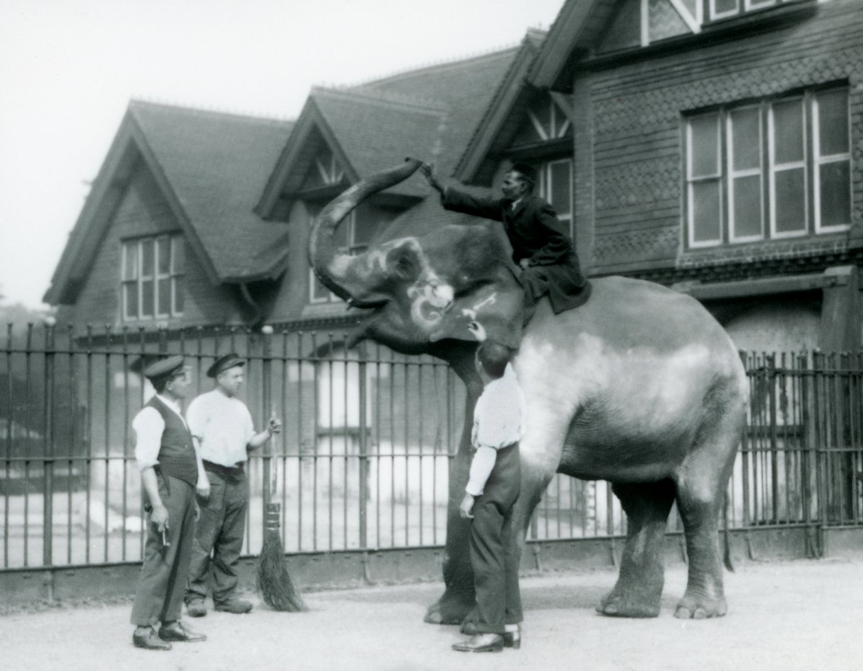 Ein geschmückter Indischer Elefant, mit drei Pflegern und Trainer, außerhalb des Elefantenhauses im Londoner Zoo im Jahr 1927 von Frederick William Bond