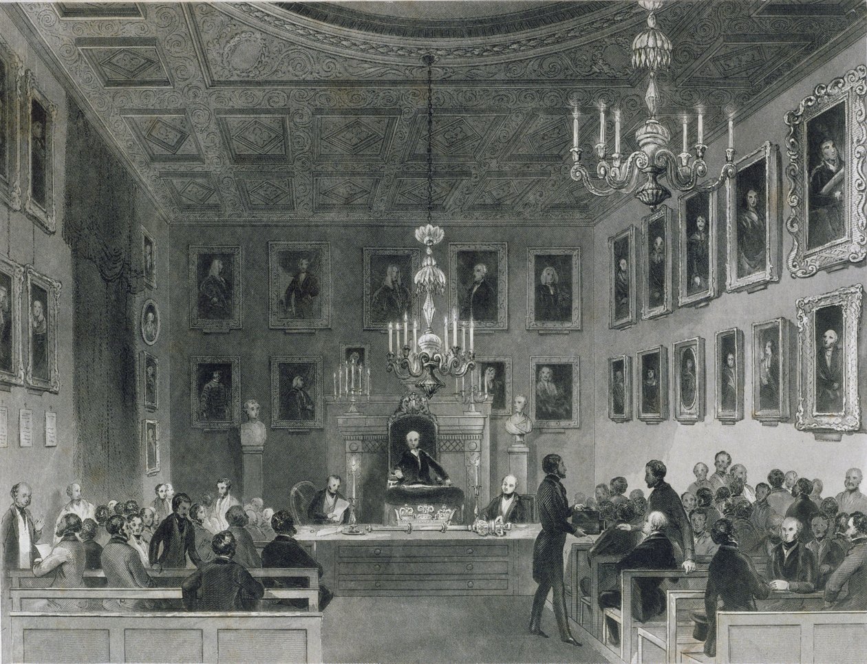 Ansicht des Inneren von Somerset House, zeigt ein Treffen der Royal Antiquarian Society, ca. 1840 von Frederick William Fairholt