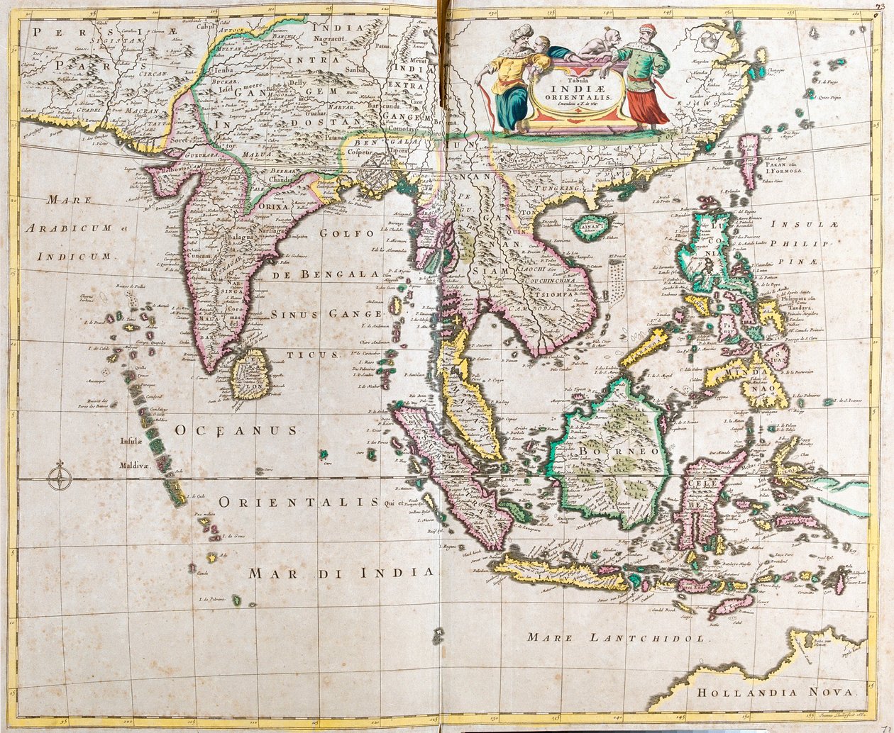 Karte von Ostindien (Süd- und Südostasien: Pakistan, Indien, Nepal, Bangladesch, Burma, Sri Lanka, Thailand, Malaysia, Vietnam, Kambodscha, Laos, Philippinen, Singapur und Indonesien) von Frederick de Wit