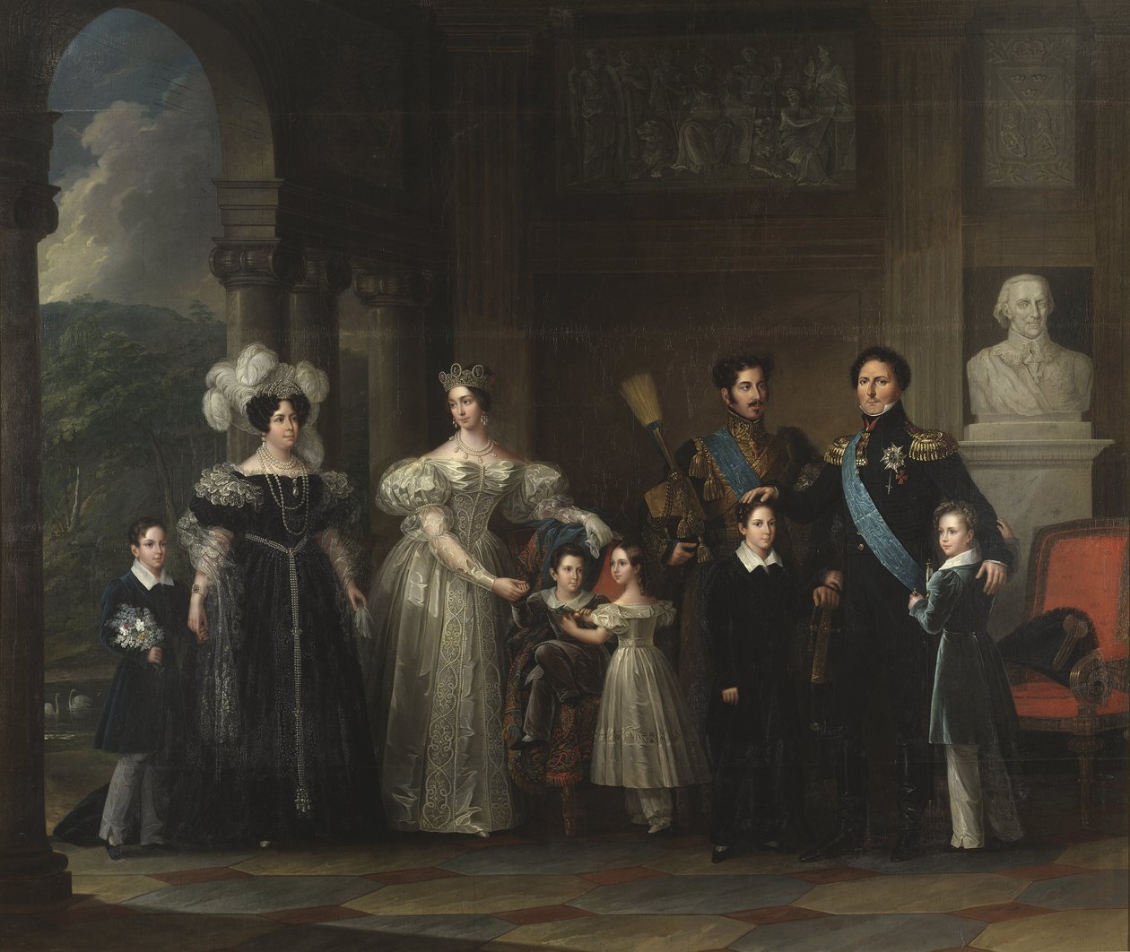 Familie Bernadotte: Oscar I (1799-1859), Desiree Clary (1777-1860), Josephine von Leuchtenberg (1807-1867), Karl XV (1826-1872), Oscar II (1829-1907), Karl XIV Johann (1763-1844), Prinz Gustav (1827-1852) und Prinz von Fredric Westin