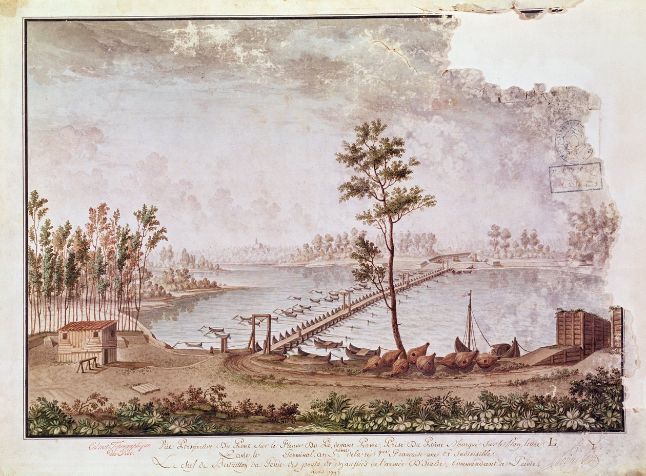 Ansicht der Brücke über den Fluss Po in Pavia, 1797 von French School