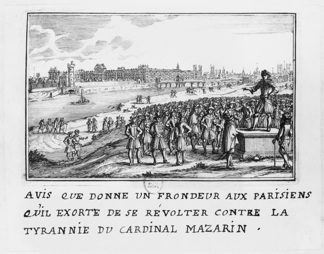 Ein Mann der Fronde fordert die Pariser auf, sich gegen die Tyrannei von Kardinal Mazarin am 6. Januar 1649 zu erheben von French School