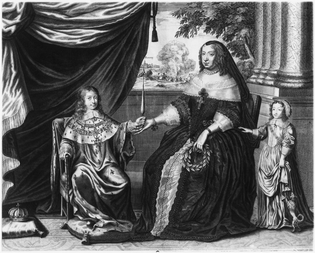 Anna von Österreich, Königin von Frankreich und Navarra, und ihre Söhne, Dauphin Louis von Frankreich, zukünftiger Ludwig XIV., und Philippe I., Herzog von Orléans, 1643 von French School