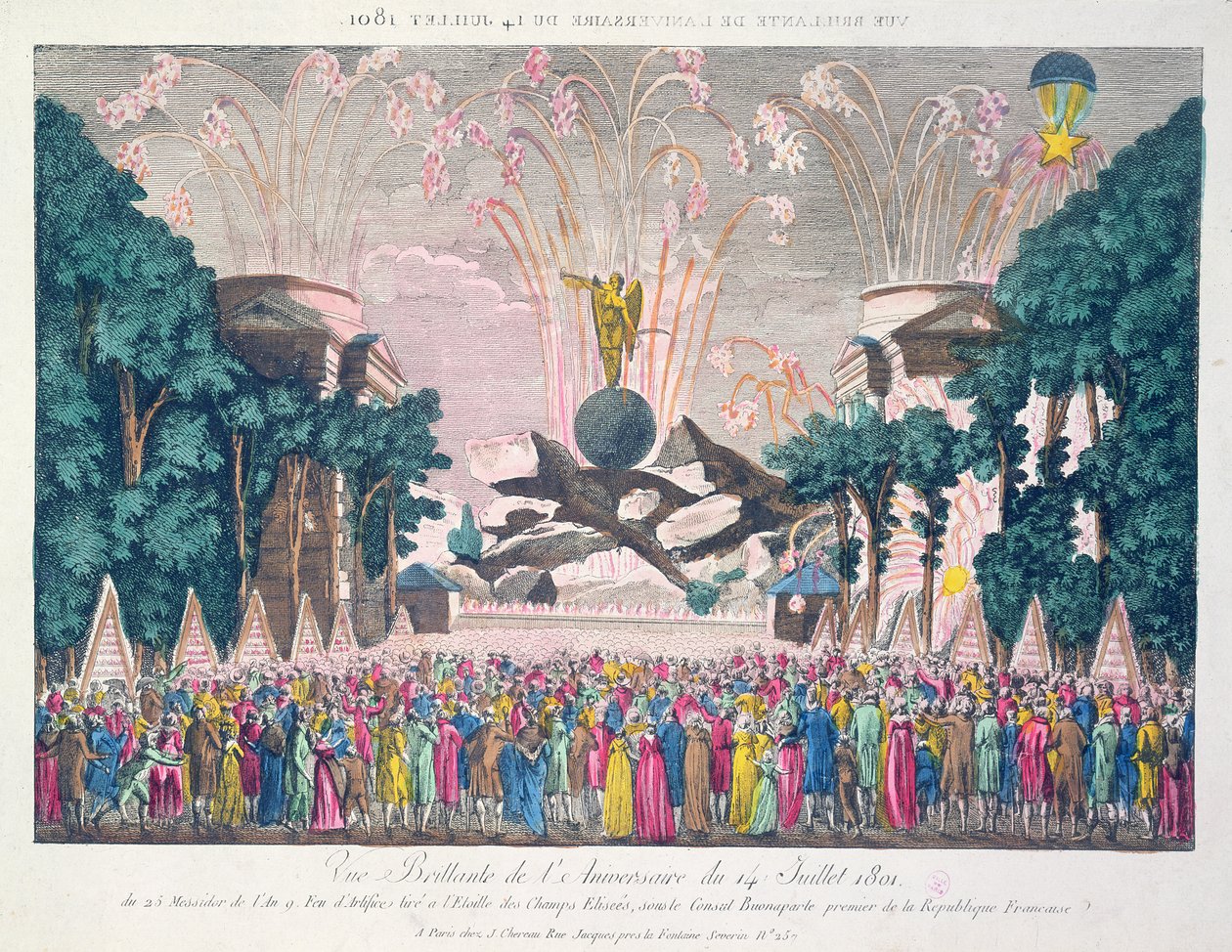 Feuerwerk an der Etoile, Champs-Elysees, Paris, zur Feier des Jahrestages des 14. Juli 1801 von French School