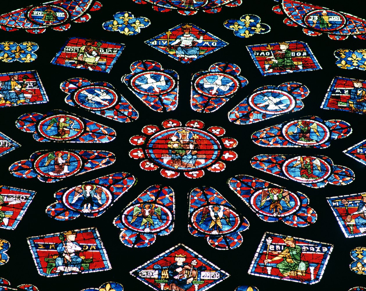 Verherrlichung der Jungfrau Maria, nördliches Rosettenfenster, ca. 1223 (Buntglas) (Detail) von French School