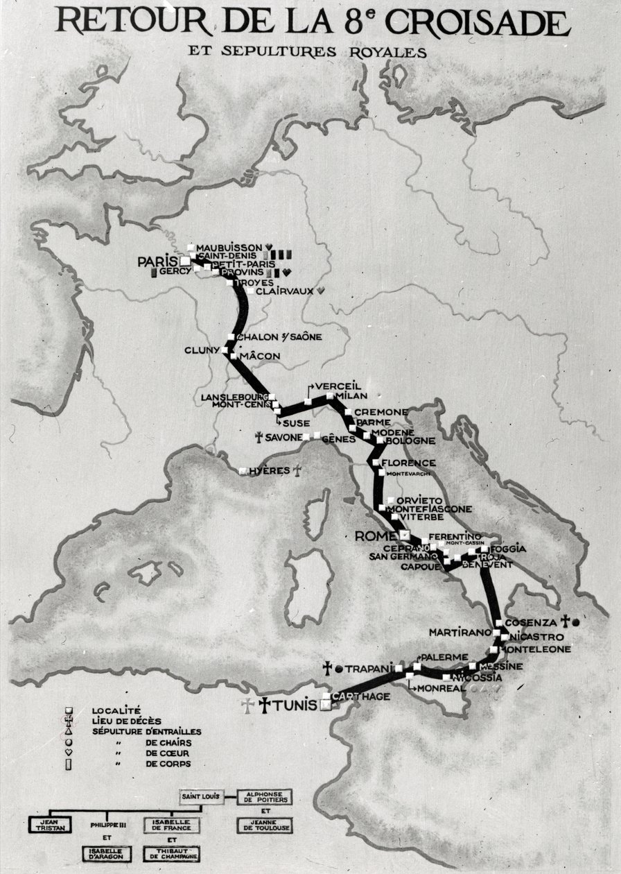 Karte der Rückkehr des 8. Kreuzzugs im Jahr 1270 mit den Ruhestätten des Körpers von Ludwig IX. von French School