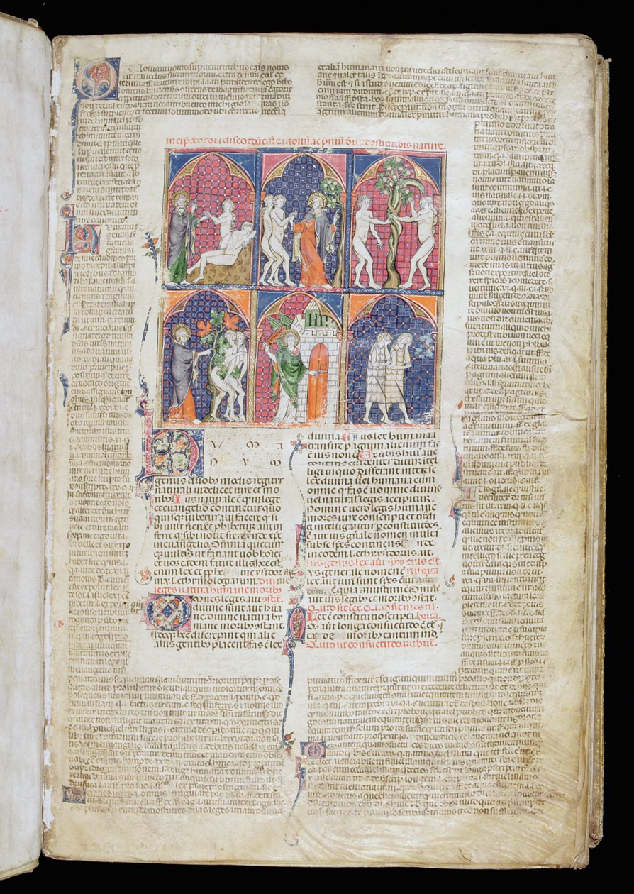 Ms. 262, f.1r: Sechs Szenen der Schöpfung und des Falls aus Gratians Decretum, ca. 1300 von French School