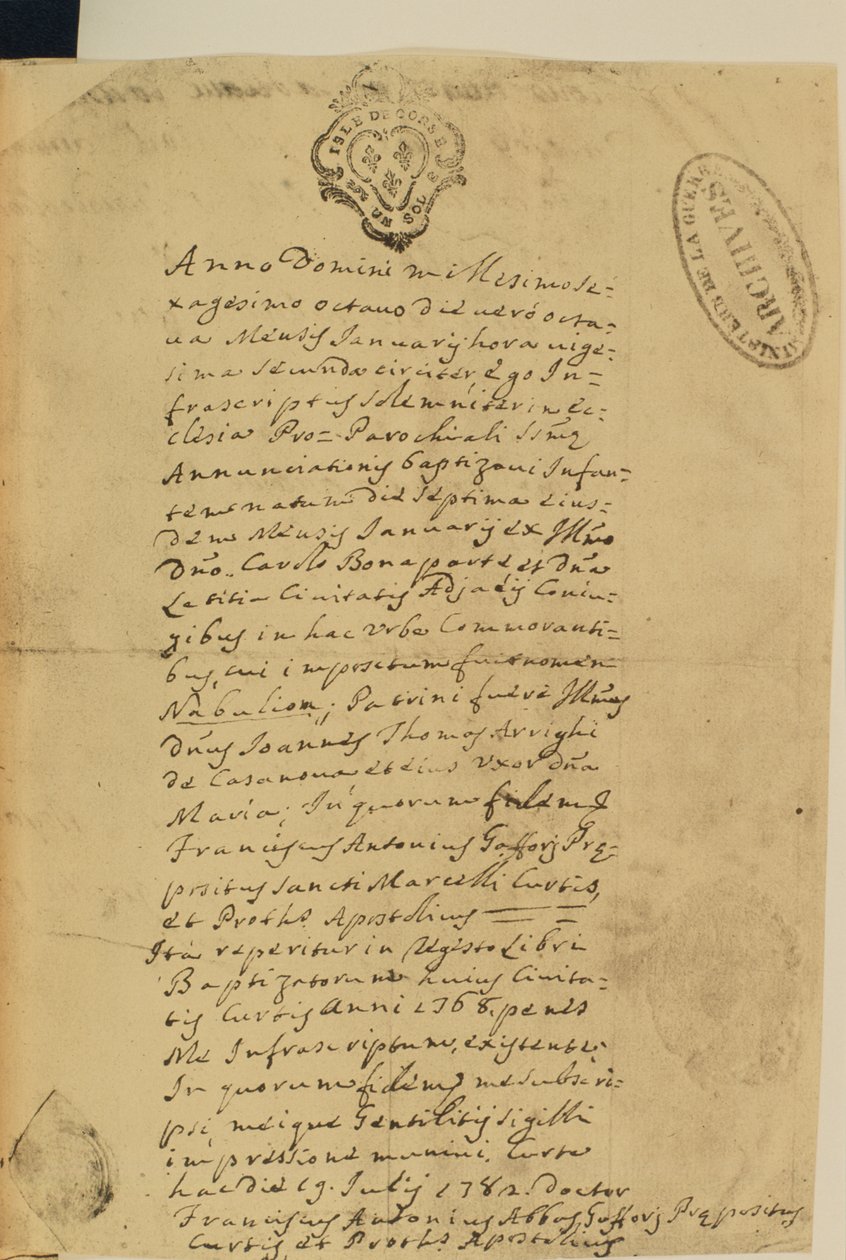 Napoleons Geburtsurkunde, 1769 von French School