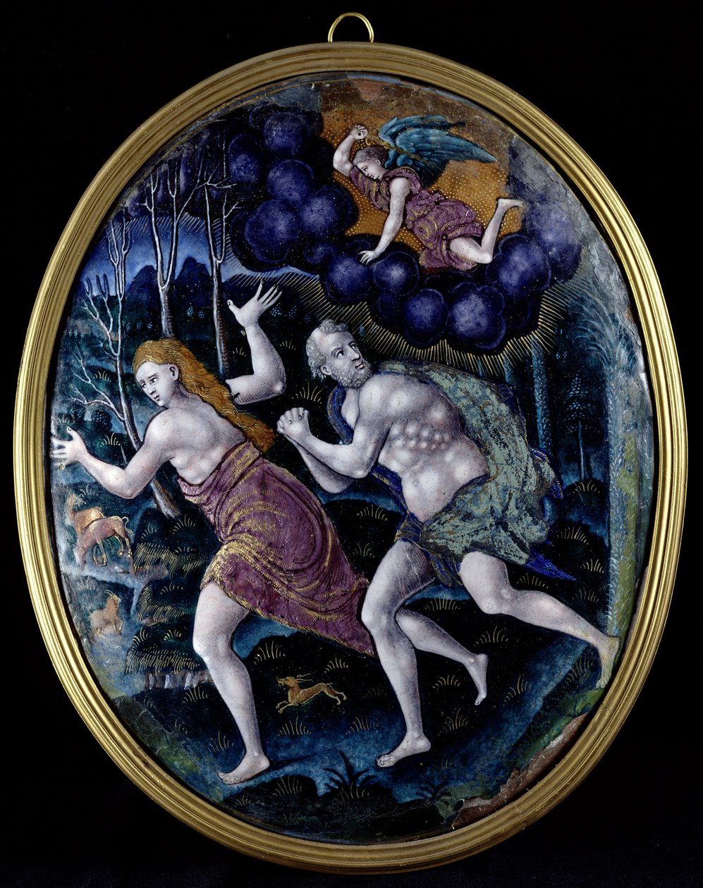 Ovale Plakette, die Adam und Eva zeigt, die aus dem Paradies vertrieben werden, Limousin von French School