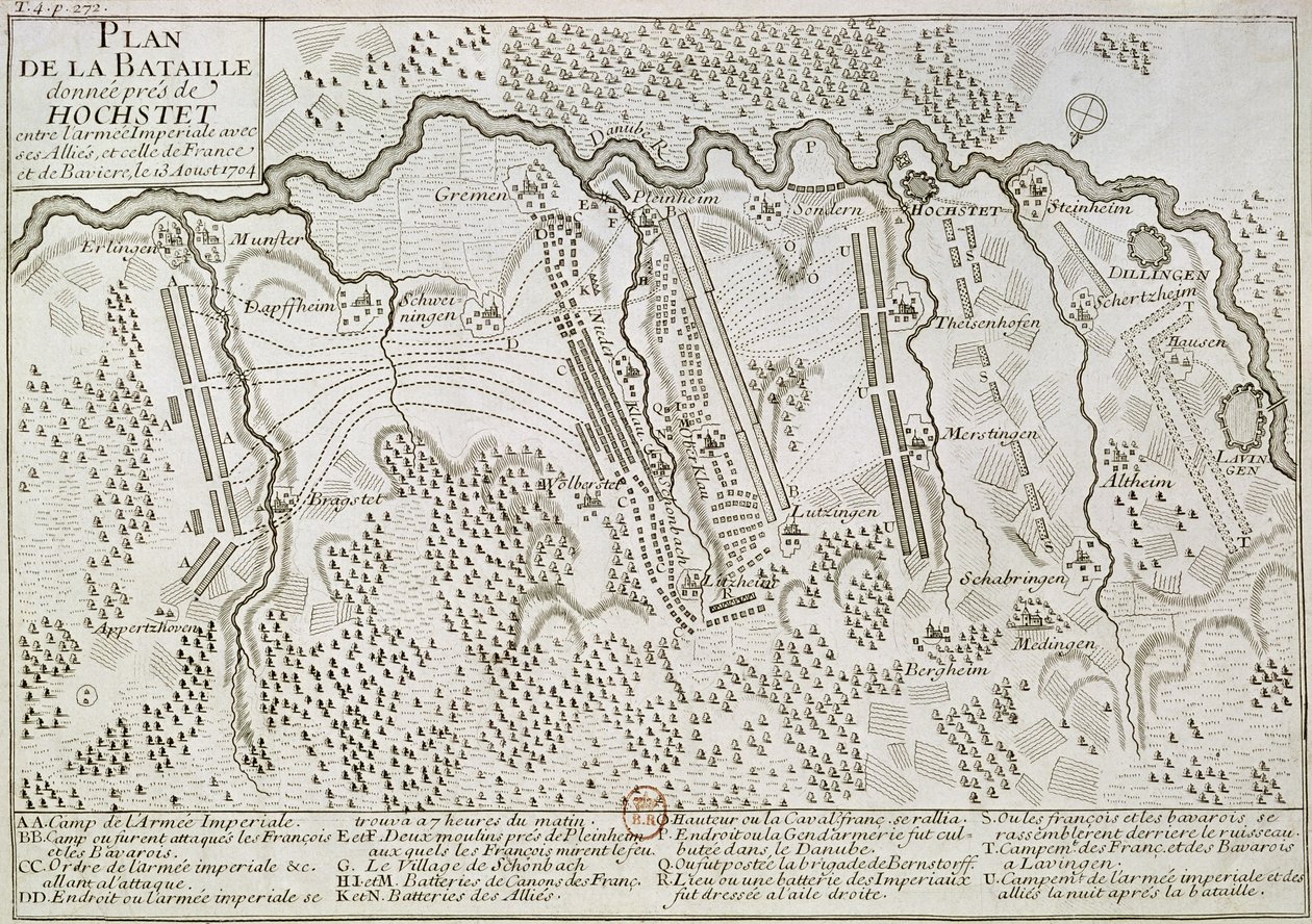 Plan der Schlacht von Blenheim zwischen der kaiserlichen Armee und der französisch-bayerischen Armee, 13. August 1704 von French School