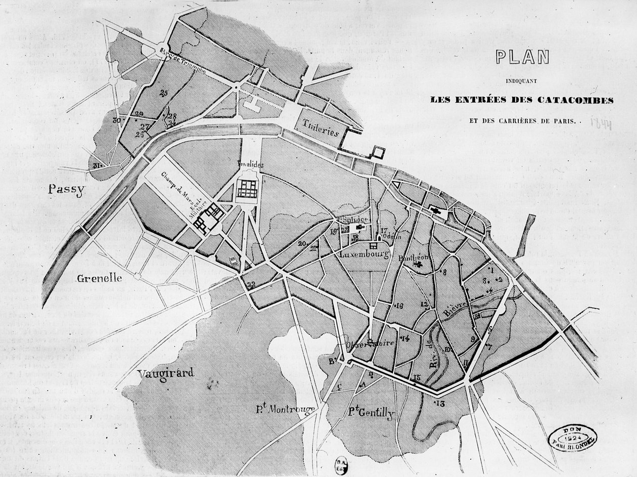 Plan der Eingänge zu den Katakomben und Steinbrüchen in Paris, 1844 von French School
