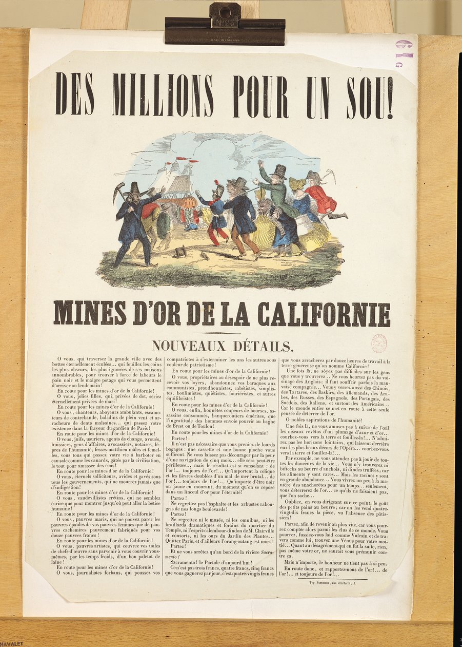 Plakat, das die Goldminen in Kalifornien bewirbt von French School
