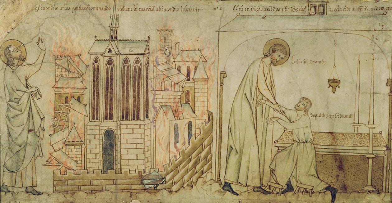 St. Eligius rettet die Kirche St. Martial vor dem Feuer und heilt einen verkrüppelten Mann in der Kirche St. Denis, aus 