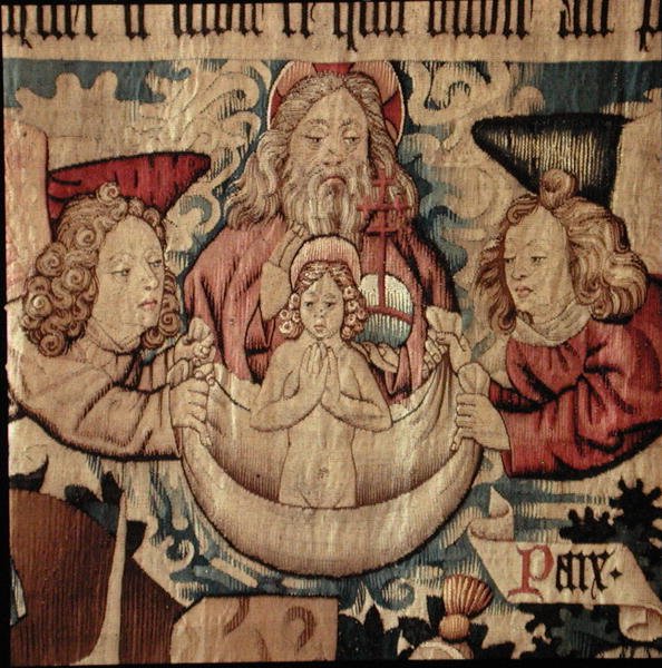 Der Heilige Geist von zwei Engeln getragen und von Gott dem Vater im Himmel empfangen, aus Das Leben des Heiligen Petrus von French School