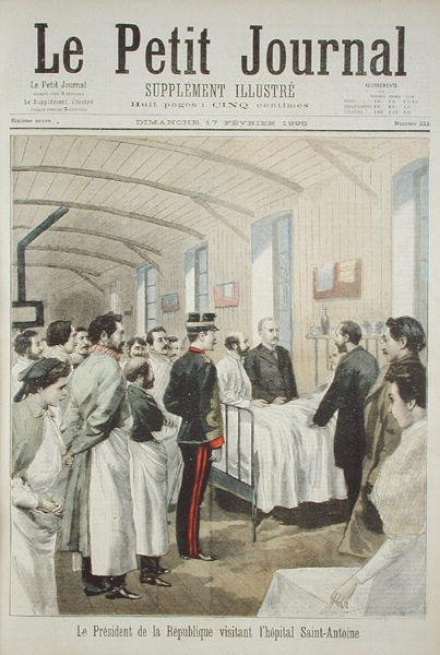 Der Präsident der Republik, Felix Faure (1841-99), besucht das Saint-Antoine-Krankenhaus in Paris, aus Le Petit Journal, 17. Februar 1895 von French School