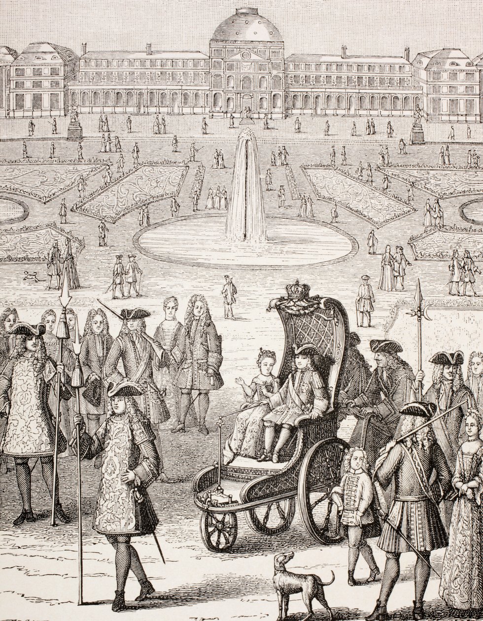 Der junge König Ludwig XV. spaziert in einer Kutsche im Tuileriengarten, Paris von French School
